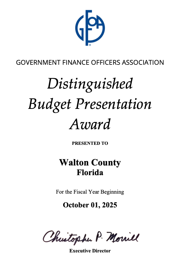 GFOA Distinguished Budget Presentation Award certificate for Walton County